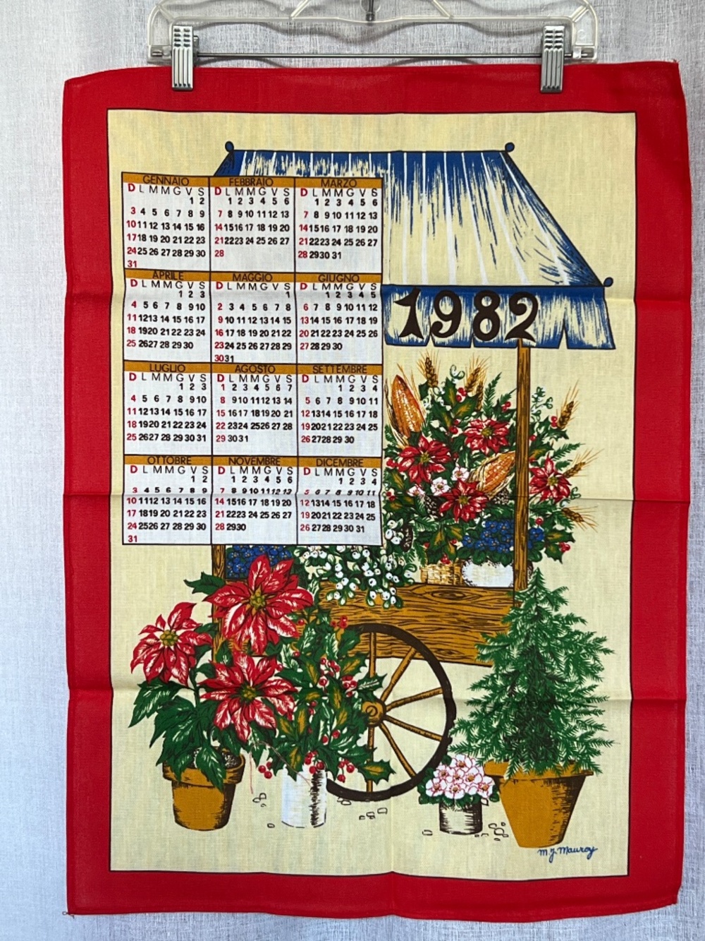 80's Christmas Tea Towel Calendar 19" x 26" 100% Cotton Signed M J Maurey